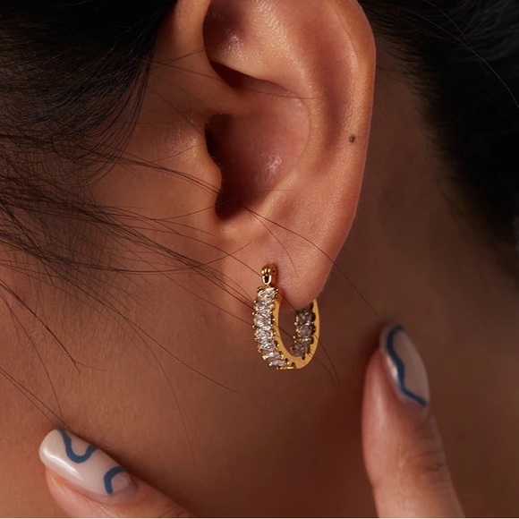 ◾️18K Gold Plated Marquis 3A CZ Crystal Hoop Earrings - Picture 2 of 13